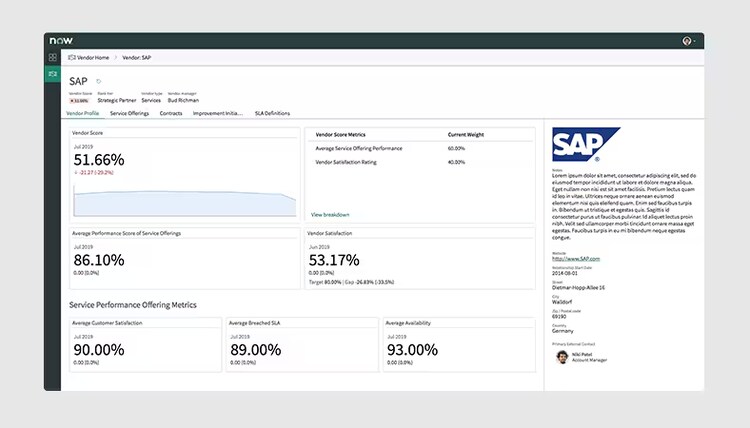 Example of the vendor profile view included in the Vendor Manager Workspace in ITSM Professional.