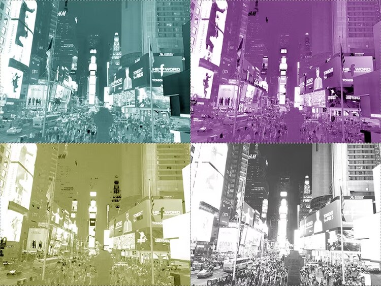 The bigger picture broken up by color: cyan, magenta, yellow, and black