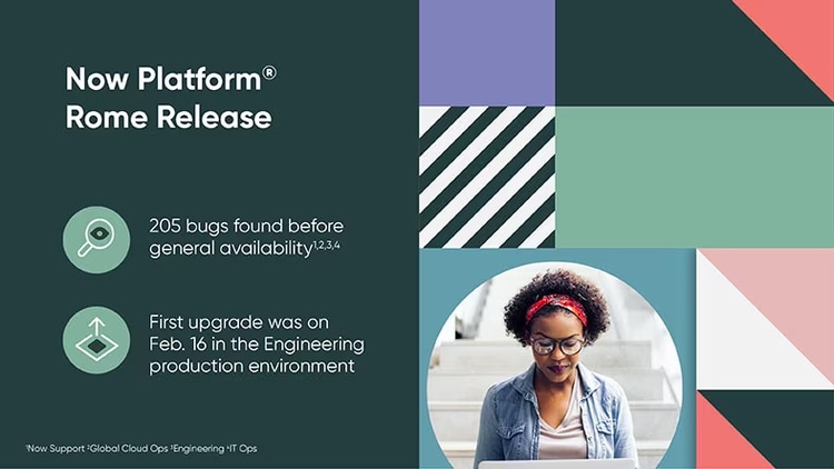 Now Platform Rome release: 205 bugs found before general availability; first upgrade was on Feb. 16 in the engineering production environment