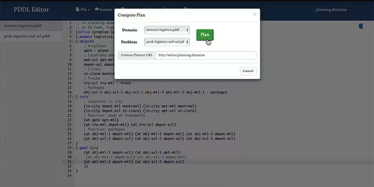 PDDL Editor online tool from planning.domains