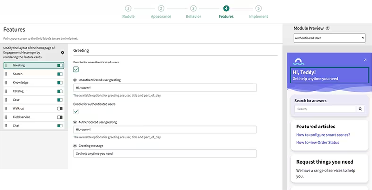 A wizard in Engagement Messenger lets organizations configure service modules to suit the channel they'll be embedded in.
