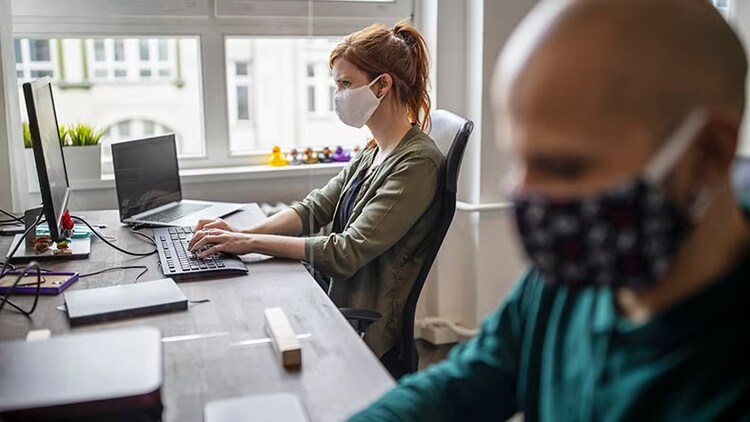 Business resilience: Two employees with face masks work at computers in an office.