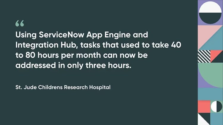 Using ServiceNow App Engine and IntegrationHub, tasks that used to take 40 to 80 hours per month can now be addressed in only three hours. --St. Jude Childrens Research Hospital