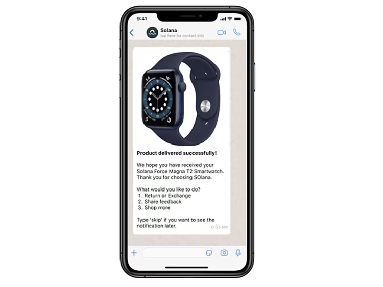 System-initiated message for product delivery with options to return, exchange, or send feedback