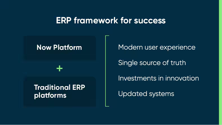ERP framework for success: Not Platform + traditional ERP platforms = modern user experience, single source of truth, investments in innovation, updated systems
