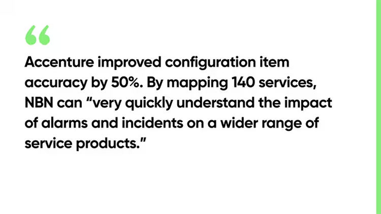 Accenture improved configuration item accuracy by 50%. By mapping 140 services, NBN can “very quickly understand the impact of alarms and incidents on a wider range of service products.”