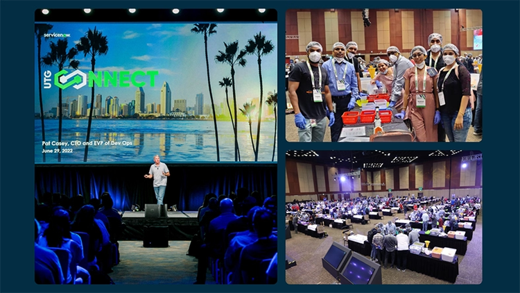 Giving back: UTG Connect, employees packing meals, a speaker on stage, and a wide view of people at an event