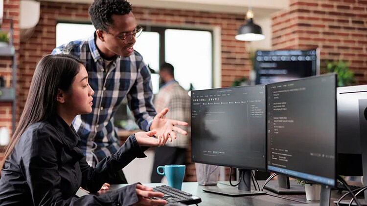 Process optimization: 2 employees looking at 2 computer monitors