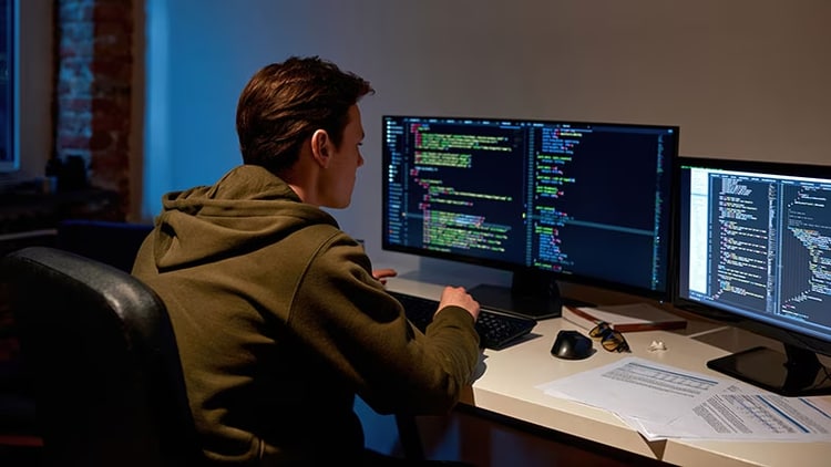 App developers: man looking at code on three monitors