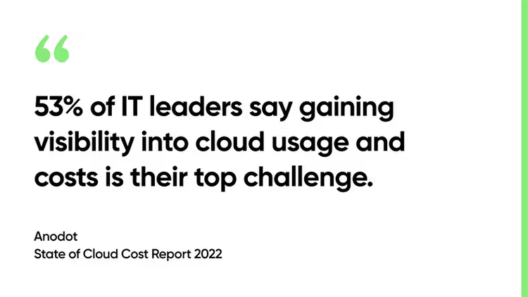 53% of IT leaders say gaining visibility into cloud usage and costs is their top challenge. -Anodot, State of Cloud Cost Report 2022