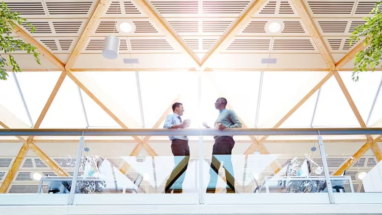 ESG success: two businessmen chatting on an interior balcony