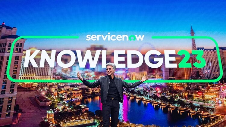 Bill McDermott, CEO at ServiceNow, in front of Knowledge 2023 backdrop