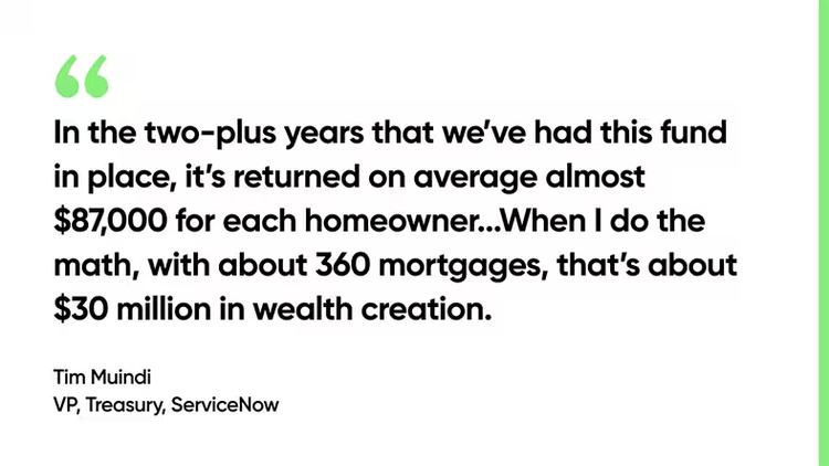 In the two-plus years that we’ve had this fund in place, it’s returned on average almost $87,000 for each homeowner...When I do the math, with about 360 mortgages, that’s about $30 million in wealth creation. -Tim Muindi, VP, Treasury, ServiceNow