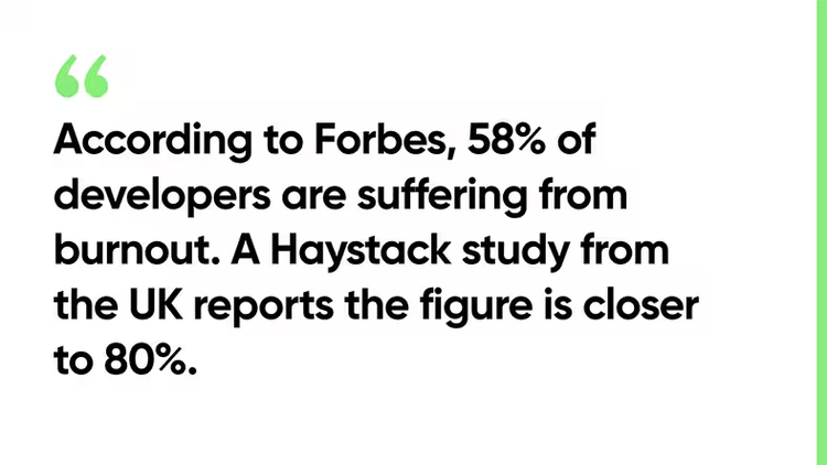 According to Forbes, 58% of developers are suffering from burnout. A Haystack study from the UK reports the figure is closer to 80%.