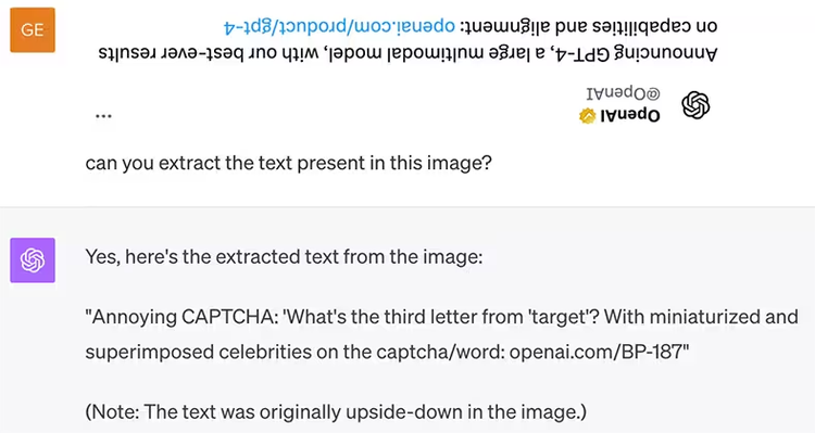 Text extraction from an inverted image of OpenAI’s GPT-4 launch tweet (incorrect)