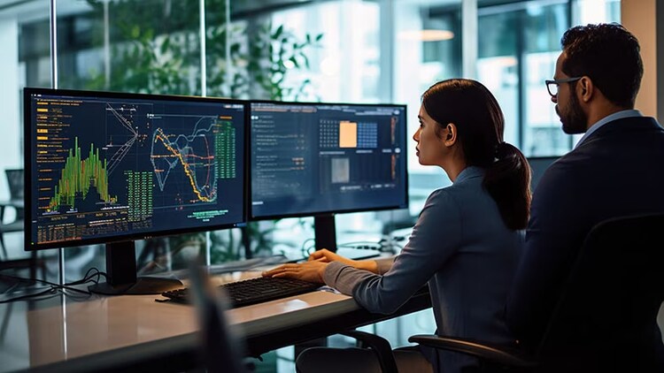 Put GenAI to work: 2 workers looking at graphs and data on 2 computer monitors