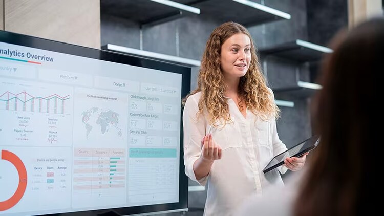 A business process analyst presenting her findings