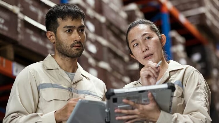 Data control: 2 workers in a warehouse holding tablet devices