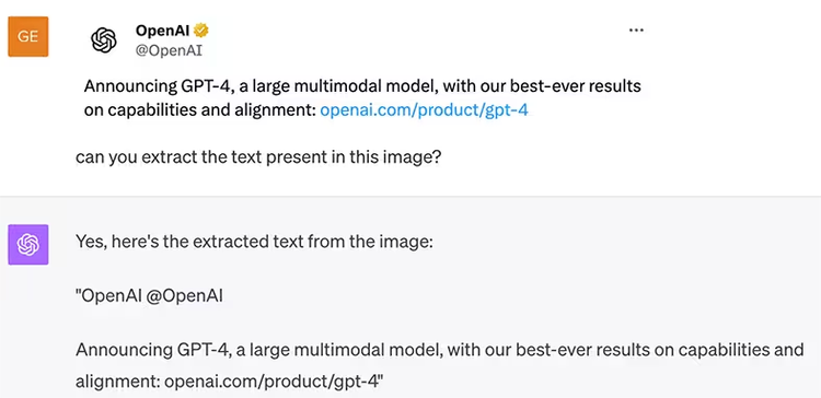 Text extraction from an image of OpenAI’s GPT-4 launch tweet (correct)