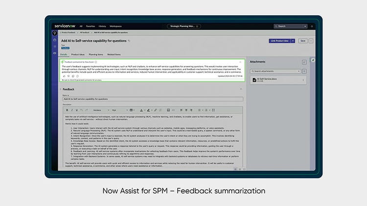 Now Assist for Strategic Portfolio Management feedback summarization screenshot