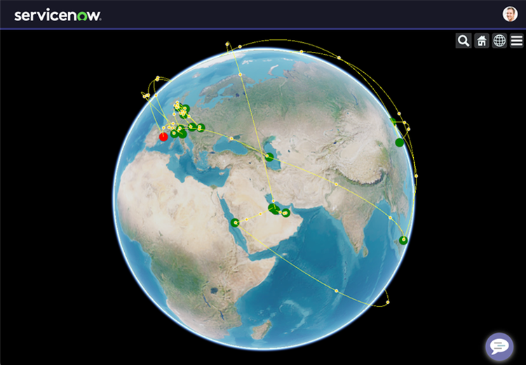 Now Gallery globe screenshot with green and red dots and yellow connection lines