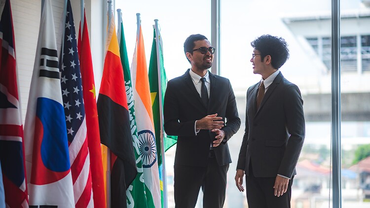 Sustainable development: two men in suits talking next to flags of various countries