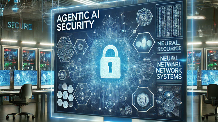 An AI-generated image of a blue screen with a padlock icon representing Agentic AI security