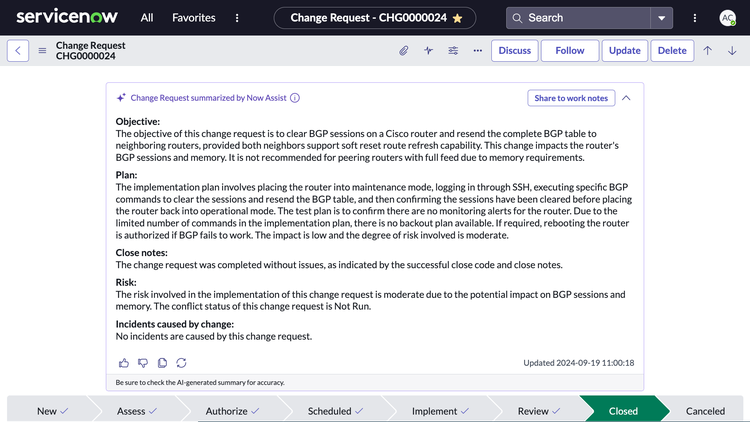 Screenshot showing an AI-generated change request ticket