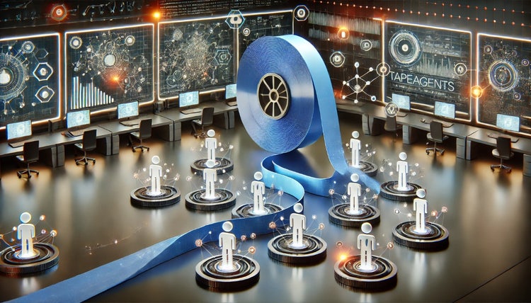 TapeAgents: an AI-generated image of blue tape surrounded by AI agents in a room full of computers