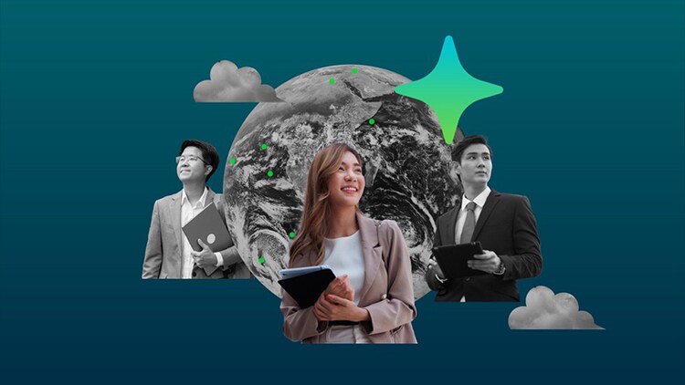 A globe with dots on it, flanked by three workers and featuring an AI star to indicate AI in APAC