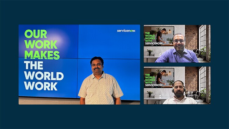 Noncoder-turned-digital innovator Hanumanta R. and ServiceNow colleagues Ayush M. and Rohit K.