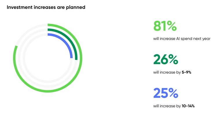Investment increases are planned: 81% will increase AI spend next year; 26% will increase by 5-9%; 25% will increase by 10-14%.