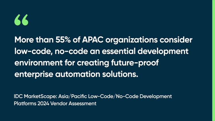More than 55% of APAC organizations consider low-code, no-code an essential development environment for creating future-proof enterprise automation solutions. -IDC MarketScape: Asia/Pacific Low-Code/No-Code Development Platforms 2024 Vendor Assessment