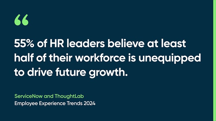 55% of HR leaders believe at least half of their workforce is unequipped to drive future growth. -ServiceNow and ThoughtLab, Employee Experience Trends 2024