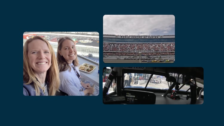 Two ServiceNow employees at a NASCAR race at the World Center of Racing