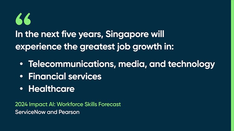 In the next five years, Singapore will experience the greatest job growth in: Telecommunications, media, and technology; Financial services; Healthcare -2024 Impact AI: Workforce Skills Forecast, ServiceNow and Pearson