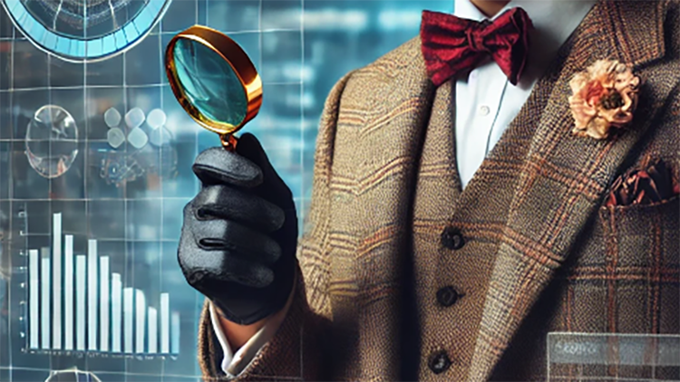 Faceless, suited detective holding a magnifying glass in a gloved hand