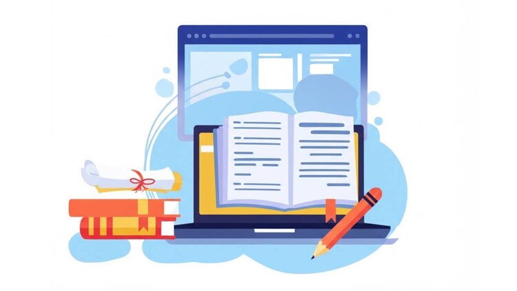 AI-generated graphic of a laptop and books