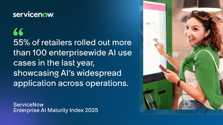 55% of retailers rolled out more than 100 enterprisewide AI use cases in the last year, showcasing AI’s widespread application across operations. -ServiceNow Enterprise AI Maturity Index 2025