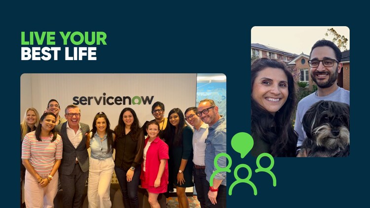 Live your best life: a photo of ServiceNow employee Pegah K. and her team, and a photo of Pegah, her husband, and their dog