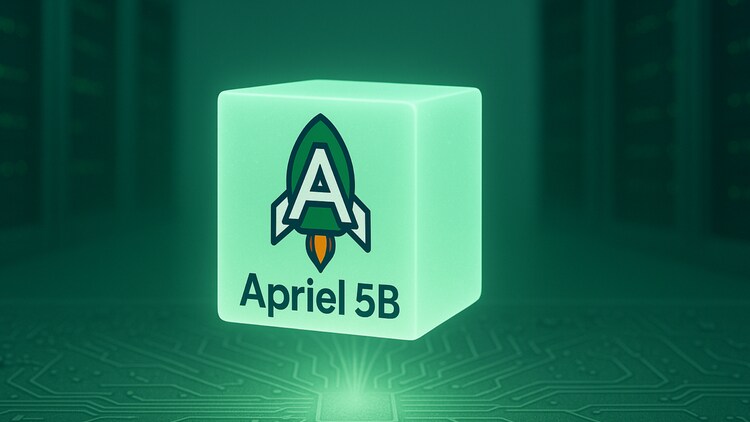 AI-generated image of a green cube with text reading “Apriel 5B” and a rocket ship with the letter A on it