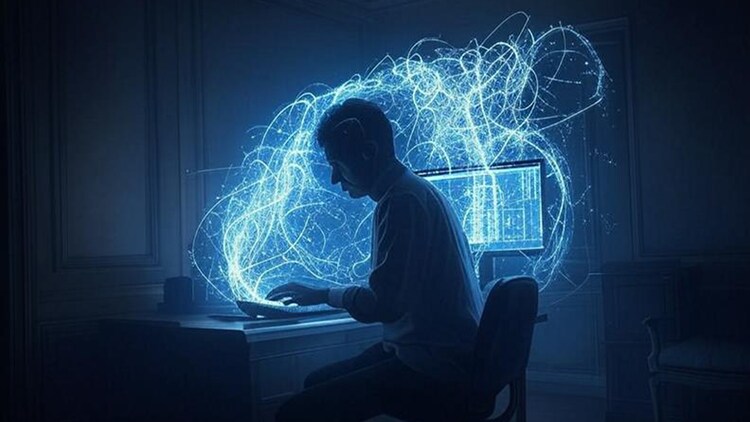 AI-generated image of a man surrounded by tendrils of blue light while typing on a keyboard