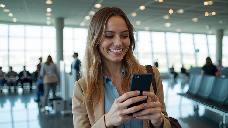 Woman looking at her phone in a busy airport