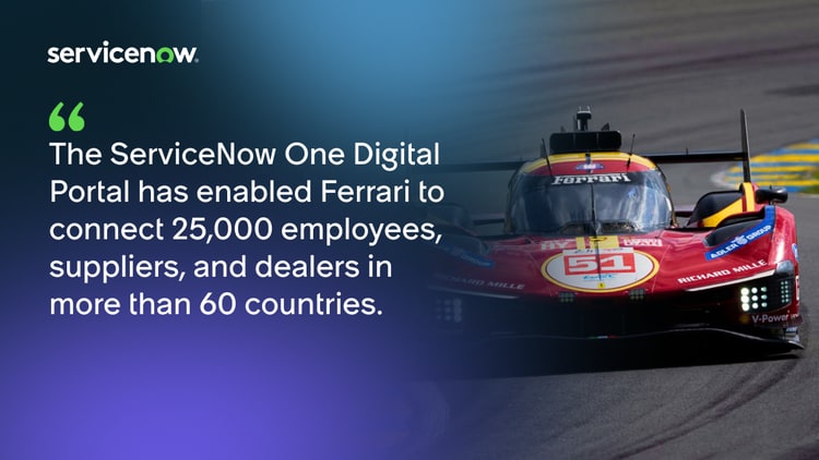 The ServiceNow One Digital Portal has enabled Ferrari to connect 25,000 employees, suppliers, and dealers in more than 60 countries.