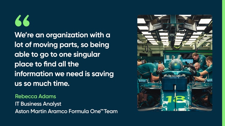 We’re an organization with a lot of moving parts, so being able to go to one singular place to find all the information we need is saving us so much time. -Rebecca Adams, IT Business Analyst, Aston Martin Aramco Formula One Team