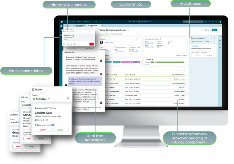 A unified desktop for agents, featuring an omnichannel inbox, native voice controls, customer 360 view, AI assistance, real-time transcription, and an extensible framework