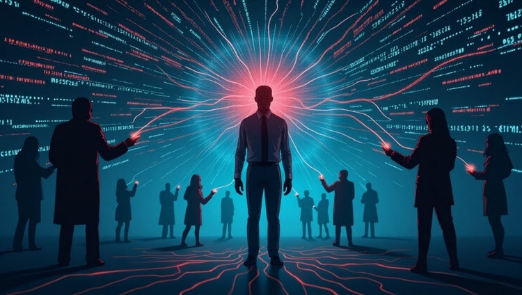 AI-generated image of a man surrounded by people to represent data poisoning