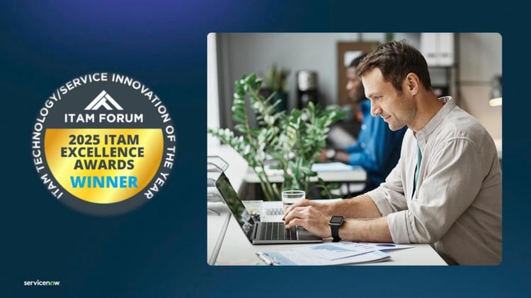 ITAM Forum 2025 ITAM Excellence Awards Winner badge next to image of man working on a laptop in an office