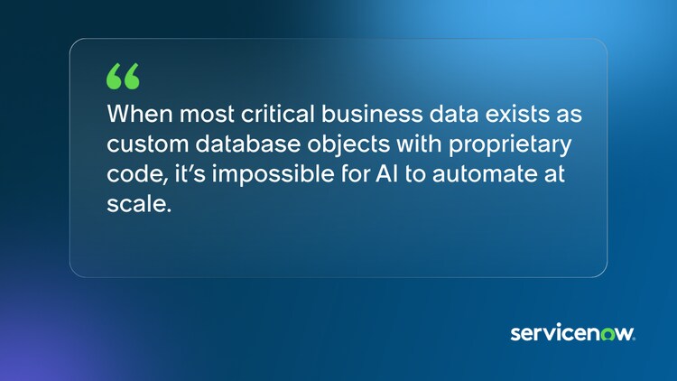 When most critical business data exists as custom database objects with proprietary code, it's impossible for AI to automate at scale.