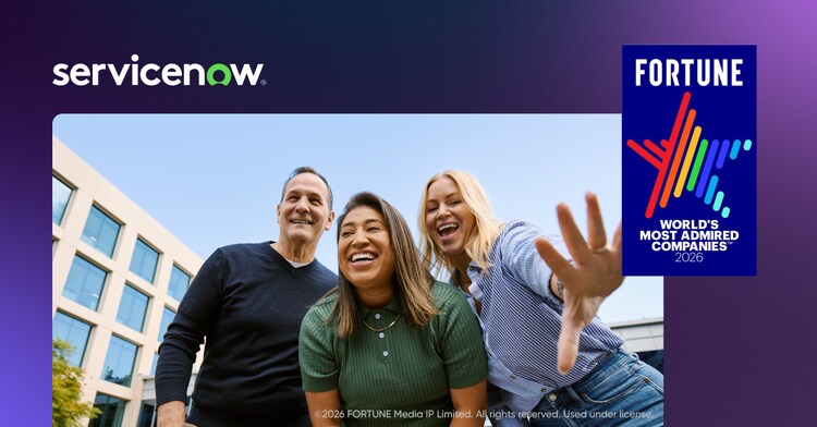 Fortune World’s Most Admired Companies 2026: Three employees in front of a ServiceNow office building